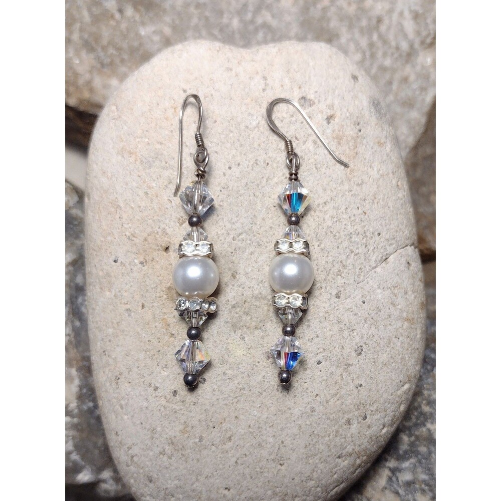 Vintage Sterling Silver Aurora Borealis Crystal Pearl Earrings